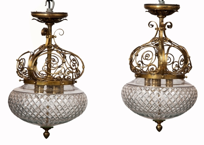A rare pair of brass and glass light fittings Paul Reeves