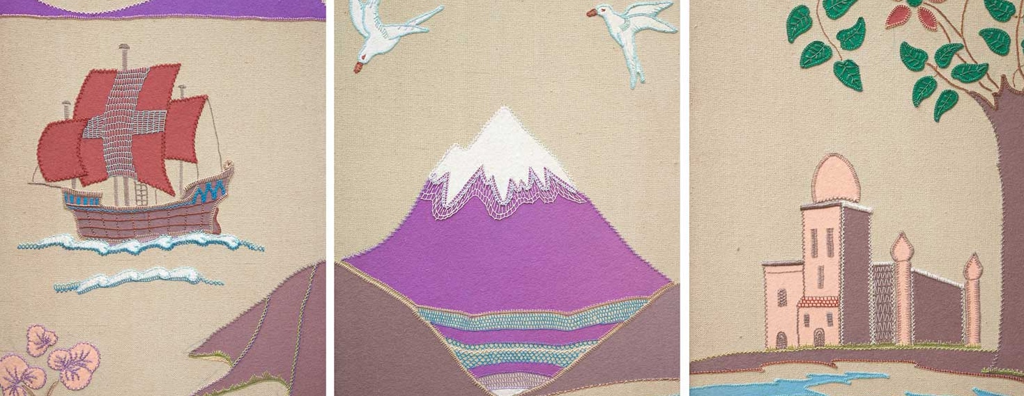A selection of rare and antique textiles from Paul Reeves London showing a galleon, mountain and a building