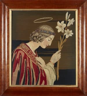 A framed English school Berlin woolwork panel, the design depicting St. Clair of Assisi. from Paul Reeves London